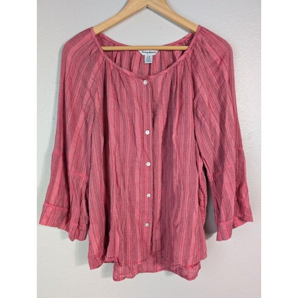 Tommy Bahama Maki Striped 3/4 Sleeve Blouse Size L Pink Button Up Lightweight 97 - Picture 1 of 8